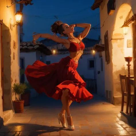 Digital art of a petite Spanish woman, delicate and lithe figure gracefully poised in a modern flamenco outfit. Her small, firm chest and toned arms bare. Candlelit taverna setting, passionate spotlight tracing her captivating physique, 8K UHD, detailed.