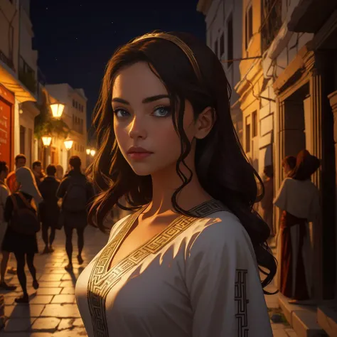 Artistic digital portrait, Greek woman, in a daringly cut ancient Hellenistic tunic. Her slender physique and small bust are a captivating sight against the backdrop of Athens' magical twilight. DSLR aesthetic, 8K UHD, an alluring vision amidst the ancient city's romantic ambiance