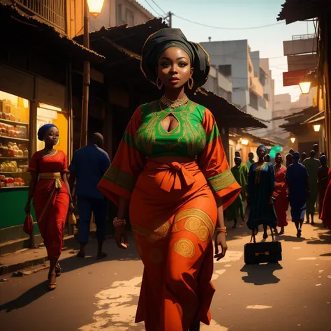 Digital masterpiece, Nigerian woman, dressed in completely see through traditional attire that glorifies her firm bust and curvaceous hips. Lagos' urban lights casting intriguing shadows on her glowing skin. 8K UHD, DSLR aesthetic, a mesmerizing view amidst the bustling city life