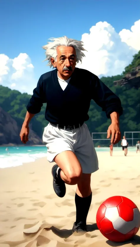 albert einstein playing football in beach with Nicola Tesla, ultrarealistic, hyperdetailed