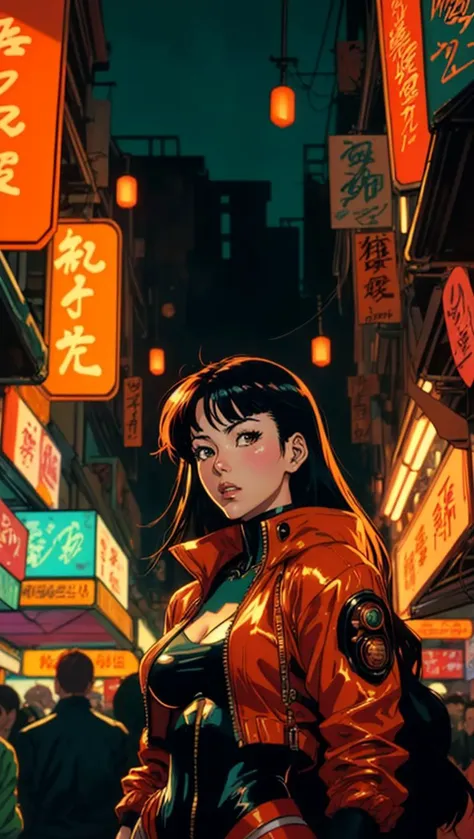 Vintage 90's anime style environmental wide shot of a chaotic crowded underground market at night; a woman wearing an orange jacket tries to hide her face from the police; by Hajime Sorayama, Greg Tocchini, Virgil Finlay, sci-fi. line art. Environmental art.