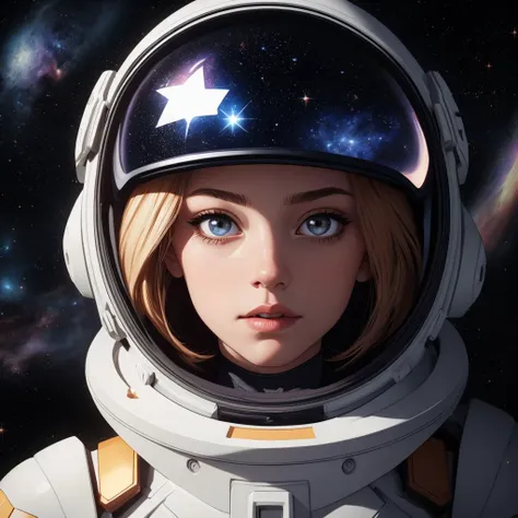 Portrait of a girl in an amazing space suit.  She shows stunning sparkle in her eyes and strength in her facial features, against a background full of stars and galaxies. Her helmet reflects the wonder of the universe around her