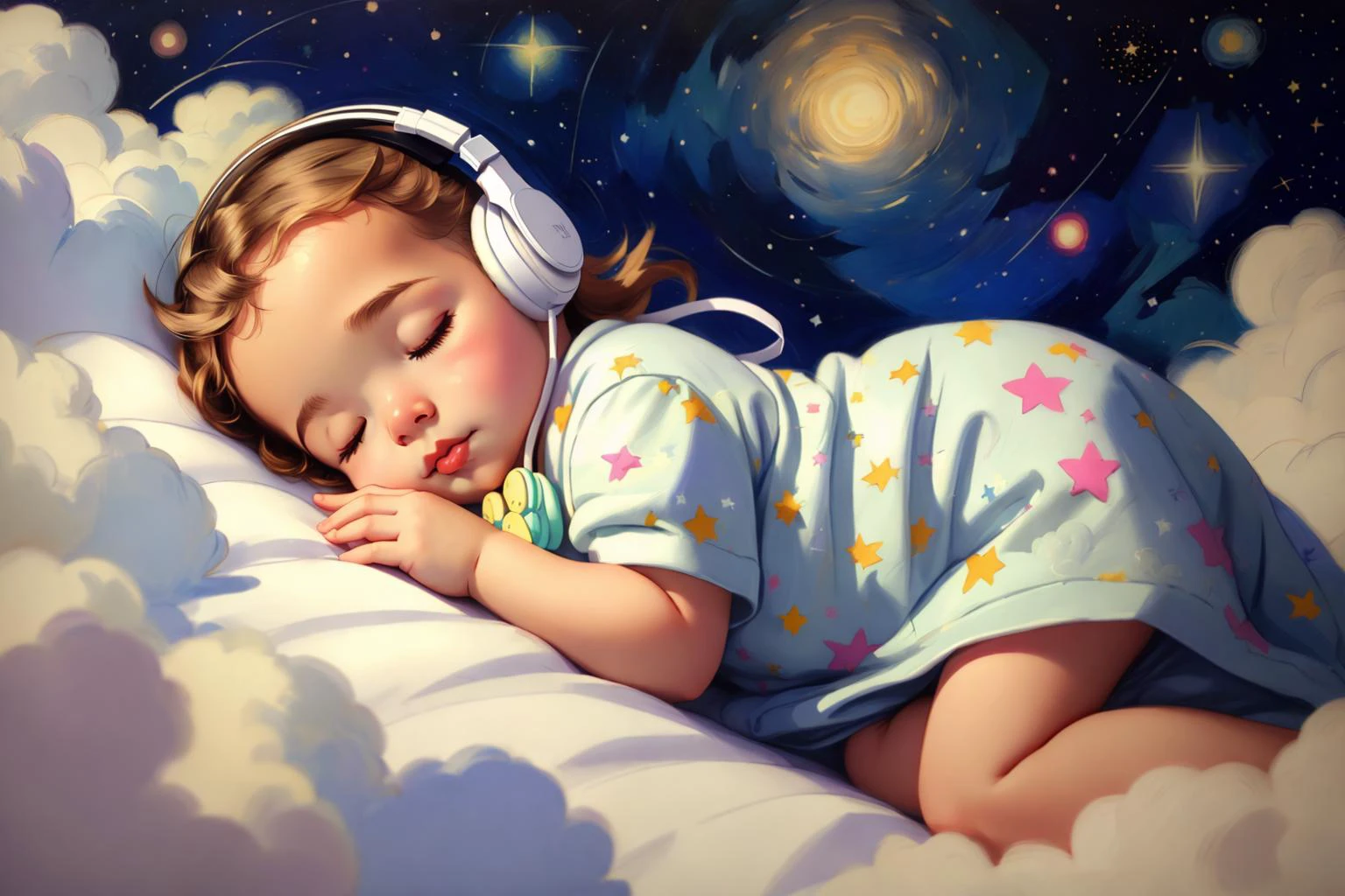 sketch512 sleeping in the clouds , wearing headphones , cute , with a colorful outfit , neom , with a very starry night, art by Ann Geddes