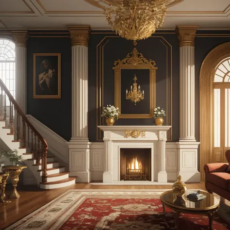 interior of a 2 story house with  curved stairs, objects, columns, architecture, highly detailed, concept art, smooth, unreal engine 5, 8k, fireplace, white living room set with gold decor, hd, floor rug, with african american queen wall portraits