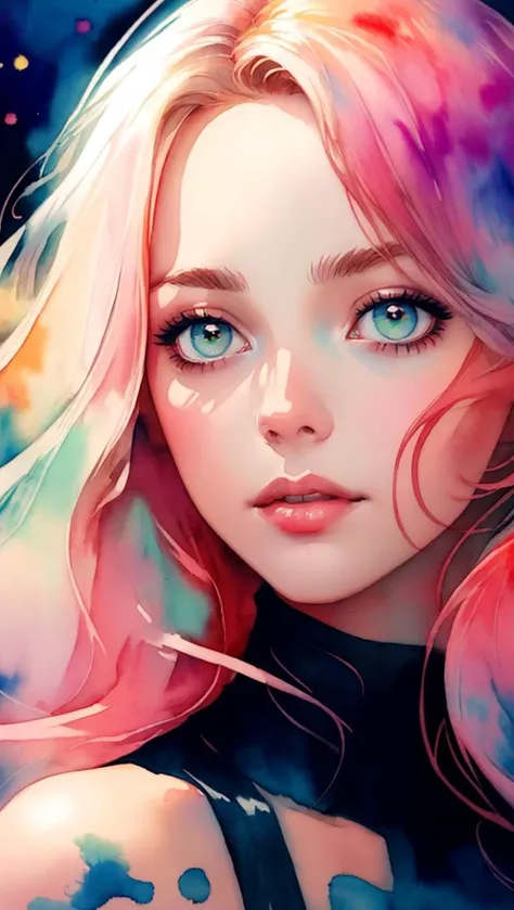 (8k, best quality, masterpiece:1.2),(best quality:1.0), (ultra highres:1.0), watercolor, a beautiful woman, shoulder, hair ribbons, by agnes cecile, half body portrait, extremely luminous bright design, pastel colors, (ink:1.3), autumn lights
