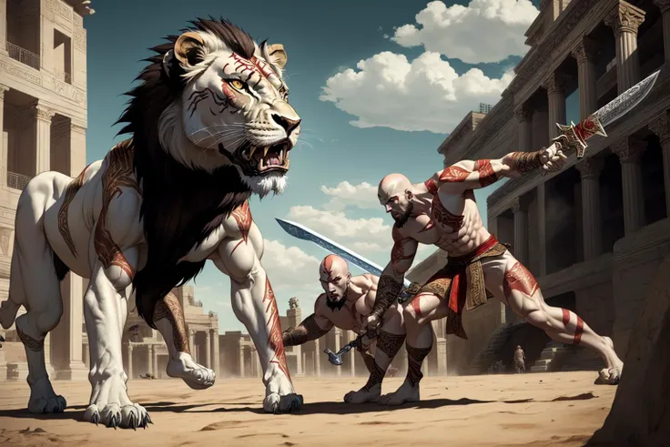 (masterpiece, best quality:1.2), <lora:kratos OG v2:0.7> kr4t0s, bald, muscular, facial hair, goatee, pale skin, topless male, sword, red tattoos, body paint, scar,outdoors, dual wielding swords, in the roman coliseum, fighting a lion, lion roaring, lion attacking, wounded lion