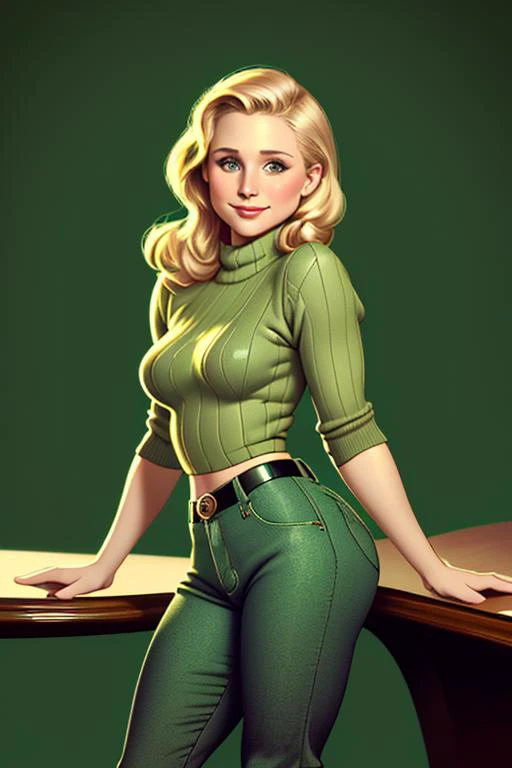 Photo of kristen bell wearing pants and a sweater, pinup512, extremely detailed clothing