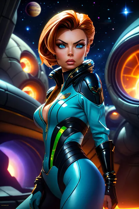 retro, sci-fi, adventure, hyperdetailed illustration of JaimeX-1140 as a space pirate, (wearing a sexy_scifi outfit), aiming a laser blaster at an unseen danger, striking an action pose on an alien planet, adrenaline, (dramatic pose), (hyperrealistic:1.3), (detailed realistic skin:1.3), (detailed face and eyes), (masterpiece:1.5), (best quality:1.4), closeup, cinematic lighting, chromatic aberration, alien world in the background,