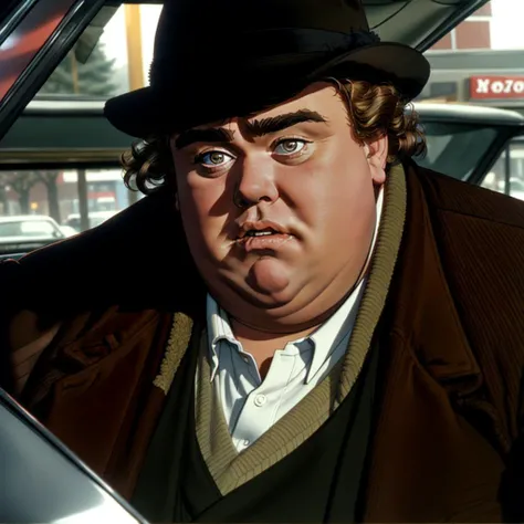 <lyco:JohnCandy-V1-000020:1> John Candy is Uncle Buck, wearing a black rimmed hat and a brown coat behind the wheel of a mid 70's mercury sedan, cinematic, film grain, 1987, low budget