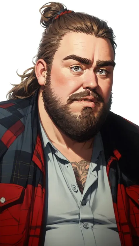 <lyco:JohnCandy-V1-000020:1> John Candy is a tattooed hipster wearing a sleeveless flannel shirt and a big fluffy hipster beard and a topknot hairstyle