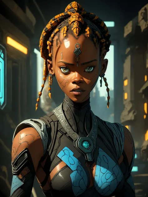cortana aura of hyper-detailed and ultra-realistic image, we see a tribal cyberpunk 2077 robot cyber version of( shuri 15 yo African girl:1.5). With a beautiful perfect human head, flat black natural skin, tribal shuri's appearance seamlessly blends organic and artificial elements. african cyberpunk background, tribal cyberpunk The eerie twilight setting enhances the scifi tribal atmosphere, adding an intriguing tension between the natural and artificial worlds. The image is visually stunning, characterized by contrasting colors and textures, providing a striking representation of this cyberpunk scifi environment. It's captured with a sharply focused, octane render in 8K resolution, ensuring every detail is showcased flawlessly. highly detailed, photo realistic, perfect airbrush, peter mohrbacher, conrad roset, caravaggio, seb mckinnon, john jude palancar, artem demura, Broken Glass effect <lora:JuggerCineXL2:0.8> <lora:wowifierXL:0.5> <lora:cortana_xl_v3:0.5>