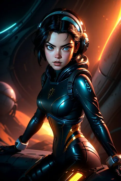 PhoebeCates-chz retro, sci-fi, adventure, hyperdetailed illustration of IndianaX-1260 as a space pirate, (wearing a sexy_scifi outfit), aiming a laser blaster at an unseen danger, striking an action pose on an alien planet, adrenaline, (dramatic pose), (hyperrealistic:1.3), (detailed realistic skin textures:1.3), (detailed face and eyes), (masterpiece:1.5), (best quality:1.4), closeup, cinematic lighting, chromatic aberration, alien world in the background, concept art,