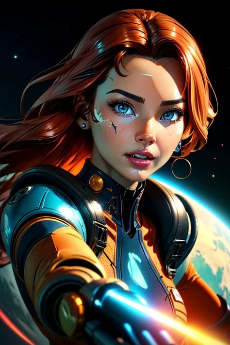 retro, sci-fi, adventure, hyperdetailed illustration of IndianaX-1260 as a space pirate, (wearing a sexy_scifi outfit), aiming a laser blaster at an unseen danger, striking an action pose on an alien planet, adrenaline, (dramatic pose), (hyperrealistic:1.3), (detailed realistic skin textures:1.3), (detailed face and eyes), (masterpiece:1.5), (best quality:1.4), closeup, cinematic lighting, chromatic aberration, alien world in the background, concept art, AgathaVega-chz