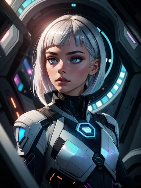 from behind,over the shoulder still of spaceship cockpit, beautiful young skinny auburn caucasian adult woman sitting in spaceship cockpit looking over shoulder at viewer,glowing holographic instruments,(beautiful face:1.11),smart fabric jumpsuit:1.3,lightweight structured jacket with sharp geometric lines, utility belt, knee-high boots, fingerless gloves,(large spaceship cockpit with highly polished flooring and stellar view),perfect face,(pale freckles:0.6),(black and silver accents),perfect eyes,(studio lighting:0.3),low key, thin pouting lips,(white bob hair, ombre++ hair:1.2),wide set soft+ turquoise++ eyes, skin pores,(small retrousse nose:1.2), (pale skin),ultra detailed,(Intricate Environment)++,best quality, masterpiece, dramatic angle, highest detailed face,eyelid shimmer makeup,silver eyeshadow,iridescent cheekbones,muted rose lips,deep space blue, BREAK, starlight silver, nebula pink, and black hole black, planetary rings, asteroid clusters, geometric shapes, angular contours,Holographic control panels, chiaroscuro effects, reflective surfaces, star-filled skies, distant galaxies,Chrome finishes, brushed steel, shimmering surfaces, iridescent materials, Minimalist design, clean lines, modernistic details,8k,best quality,masterpiece,(large breasts:0.7)