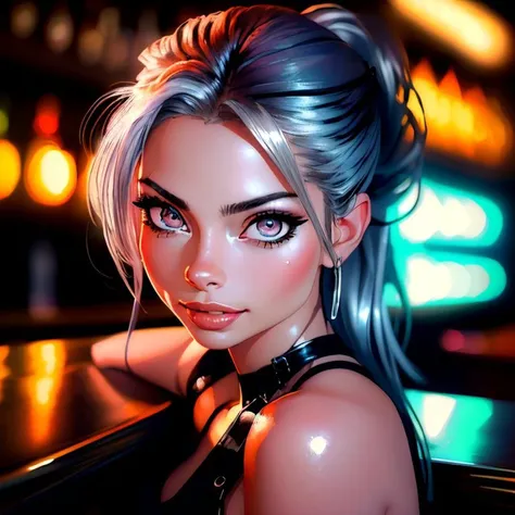 invitation, flirty, eye-contact, (hyperdetailed:1.2) illustration of JaimeX as a high-class escort wearing urban_gal club clothes, black and silver, sexy straps, deep neckline, (coy flirtatious smile), edgy punk hair updo, nightclub, sitting at bar, solo, (looking at viewer), (hyperrealistic:1.3), (realistic detailed skin texture:1.3), (detailed face and eyes:1.3), (masterpiece:1.4), (best quality:1.5), absurdres, low neon lighting, sharp focus, muted colors, closeup,