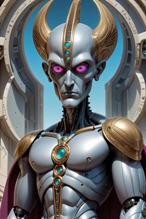 f5 The Hierophant: symbolizes tradition, spirituality, and guidance from a higher power. ,, cybernetic synthetic alien gods in a high tech futuristic athens, athletic body, by mark waid, Brian Bolland, joe gb Fenton, not cropped, wide angle, eye level shot, 16k, c4d max,