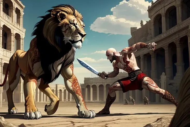 (masterpiece, best quality:1.2), <lora:kratos OG v2:0.7> kr4t0s, bald, muscular, facial hair, goatee, pale skin, topless male, sword, red tattoos, body paint, scar,outdoors, dual wielding swords, in the roman coliseum, fighting a lion, lion roaring, lion attacking, wounded lion