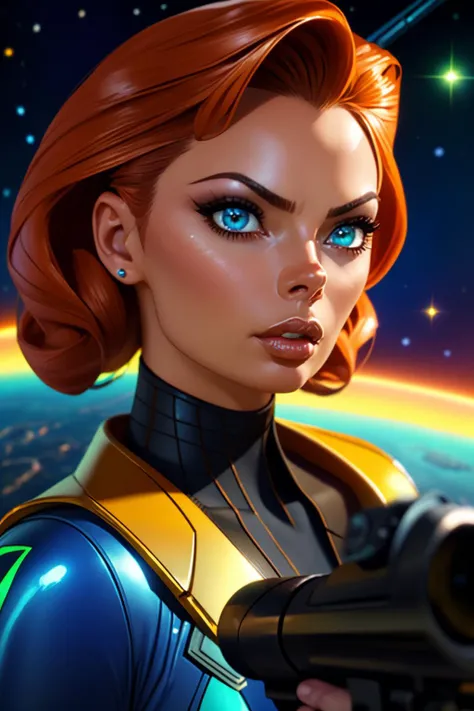 retro, sci-fi, adventure, hyperdetailed illustration of JaimeX-1140 as a space pirate, (wearing a sexy_scifi outfit), aiming a laser blaster at an unseen danger, striking an action pose on an alien planet, adrenaline, (dramatic pose), (hyperrealistic:1.3), (detailed realistic skin:1.3), (detailed face and eyes), (masterpiece:1.5), (best quality:1.4), closeup, cinematic lighting, chromatic aberration, alien world in the background,