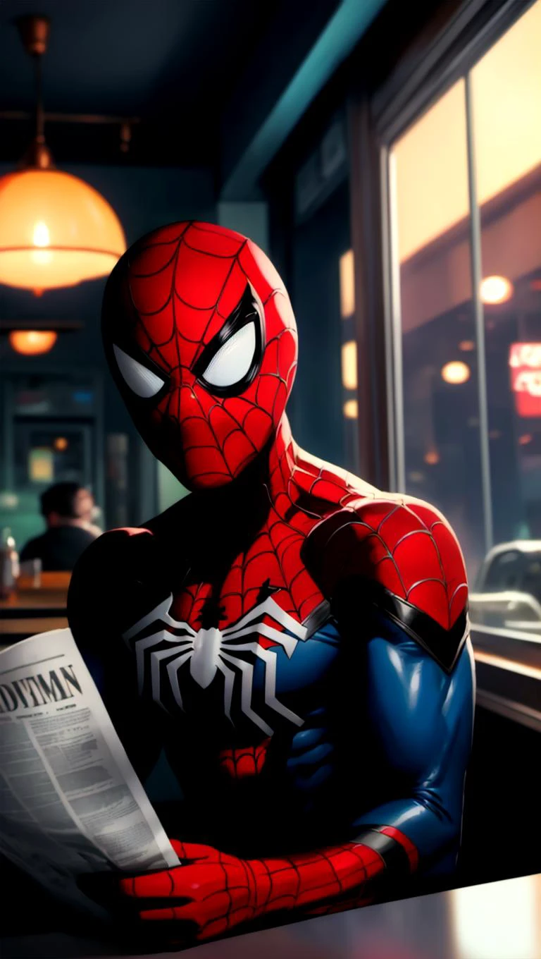 portrait512 Spider-Man wearing his mask reading a (newspaper:0.8) inside of a diner, cinematic film still Photo512