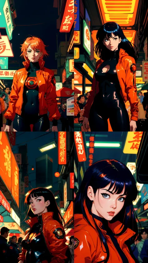 Vintage 90's anime style environmental wide shot of a chaotic crowded underground market at night; a woman wearing an orange jacket tries to hide her face from the police; by Hajime Sorayama, Greg Tocchini, Virgil Finlay, sci-fi. line art. Environmental art.