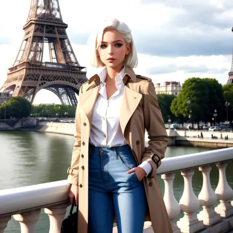 A 25-year-old blonde woman wearing an open brown trench coat, a white blouse, blue jean pants, white hair, posing under the (Eiffel tower:0.9), Ultrarealistic photo, 4k