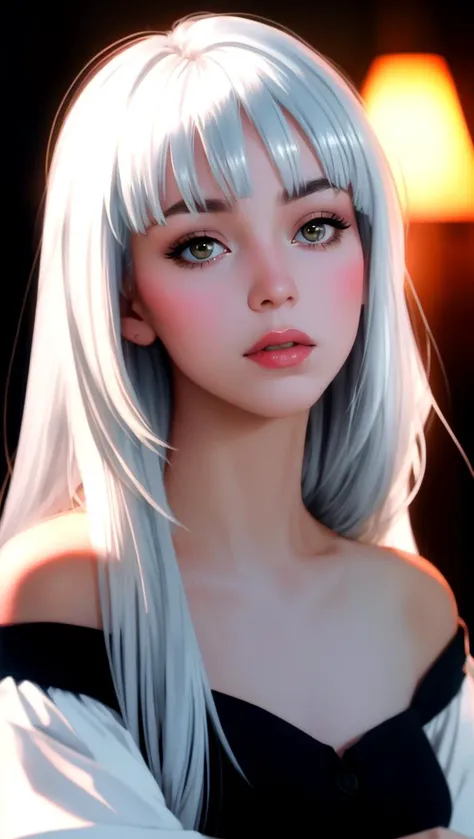 1 lady, solo, realistic face, sunset, beautiful, off shoulder dress, (silver white hair) long straight hair shy, looking away, blush, bangs, head tilt, high contrast, sharp, best shadow, photo, masterpiece, best quality, ultra high res, (photorealistic:1.4),, high resolution, detailed, raw photo kodak portra 400 camera f1.6 lens rich colors dramatic lighting <lora:v1.}5_add_detail:1>