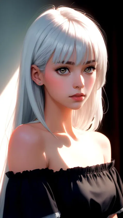 1 lady, solo, realistic face, sunset, beautiful, off shoulder dress, (silver white hair) long straight hair shy, looking away, blush, bangs, head tilt, high contrast, sharp, best shadow, photo, masterpiece, best quality, ultra high res, (photorealistic:1.4),, high resolution, detailed, raw photo kodak portra 400 camera f1.6 lens rich colors dramatic lighting   <lora:v1.}5_add_detail:1>