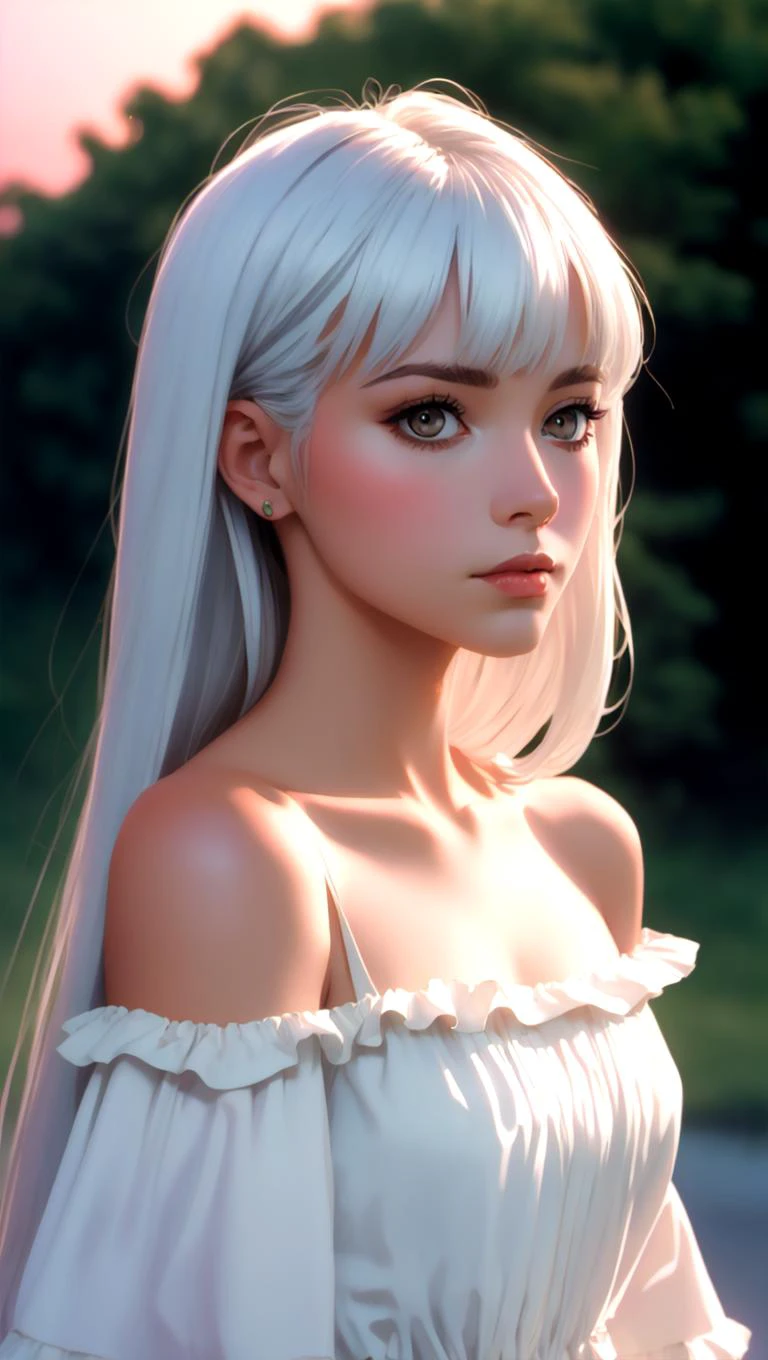1 lady, solo, realistic face, sunset, beautiful, off shoulder dress, (silver white hair) long straight hair shy, looking away, blush, bangs, head tilt, high contrast, sharp, best shadow, photo, masterpiece, best quality, ultra high res, (photorealistic:1.4),, high resolution, detailed, raw photo kodak portra 400 camera f1.6 lens rich colors dramatic lighting <lora:v1.}5_add_detail:1>