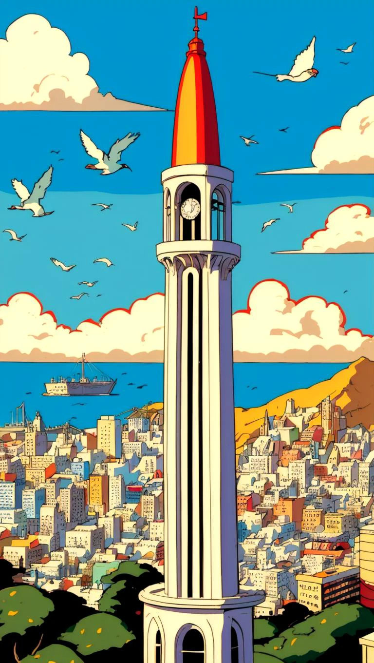 maximalist chaotic San Francisco coit tower, birds eye view, illustrated by Herg, style of tin tin comics, pen and ink