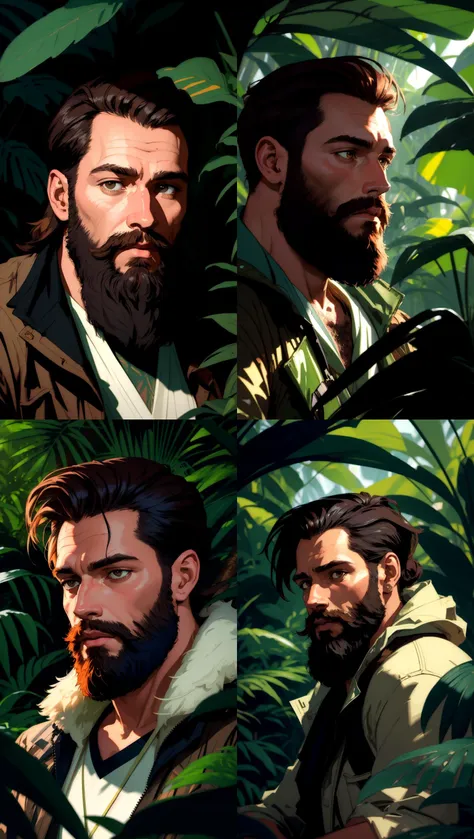 Masterpiece, award winning portrait of a bearded hipster explorer in a Jungle by Syd Mead, cold color palette, muted colors, detailed, 8k