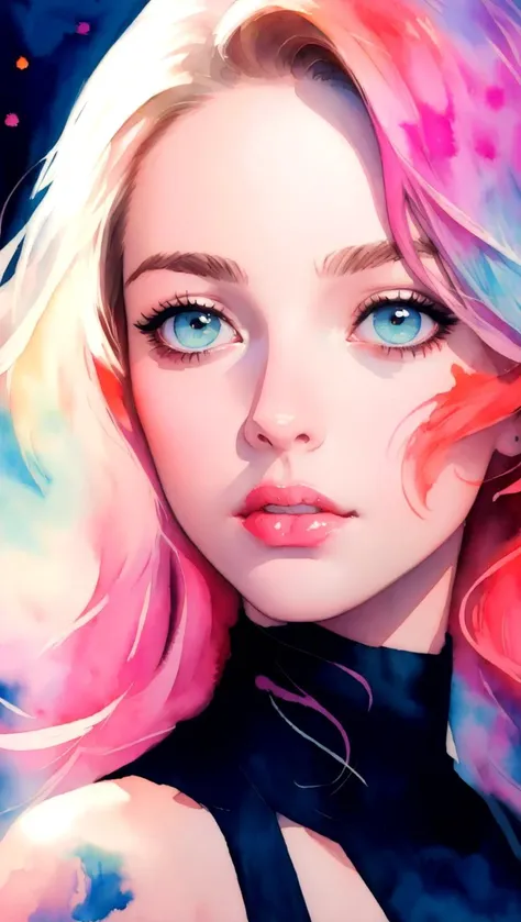 (8k, best quality, masterpiece:1.2),(best quality:1.0), (ultra highres:1.0), watercolor, a beautiful woman, shoulder, hair ribbons, by agnes cecile, half body portrait, extremely luminous bright design, pastel colors, (ink:1.3), autumn lights