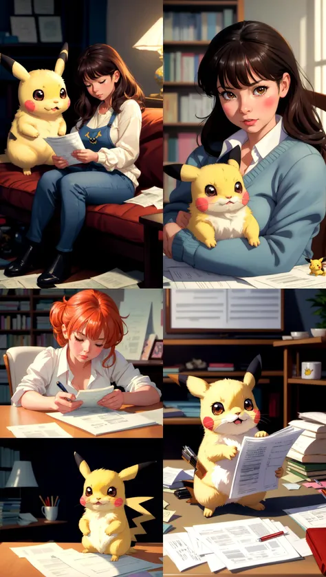 Pikachu committing tax fraud, paperwork, exhausted, cute, really cute, cozy, by steve hanks, by lisa yuskavage, by serov valentin, by tarkovsky, 8 k render, detailed, cute cartoon style