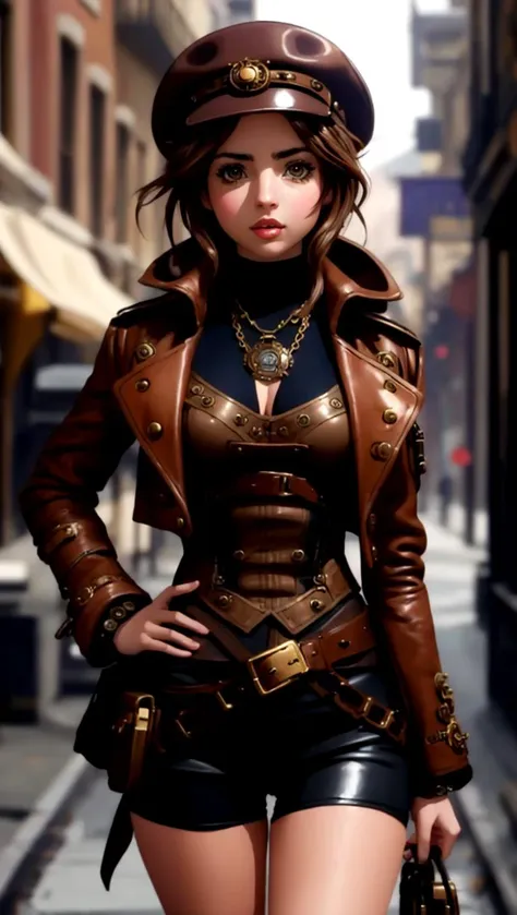 cute steampunk Ana De Armas wearing a stylish steampunk outfit in a steampunk street, cinematic