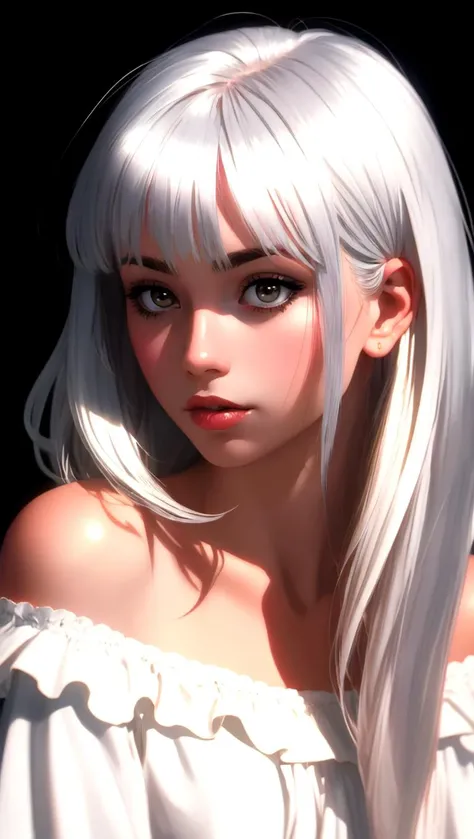 1 lady, solo, realistic face, sunset, beautiful, off shoulder dress, (silver white hair) long straight hair shy, looking away, blush, bangs, head tilt, high contrast, sharp, best shadow, photo, masterpiece, best quality, ultra high res, (photorealistic:1.4),, high resolution, detailed, raw photo kodak portra 400 camera f1.6 lens rich colors dramatic lighting   <lora:v1.}5_add_detail:1>