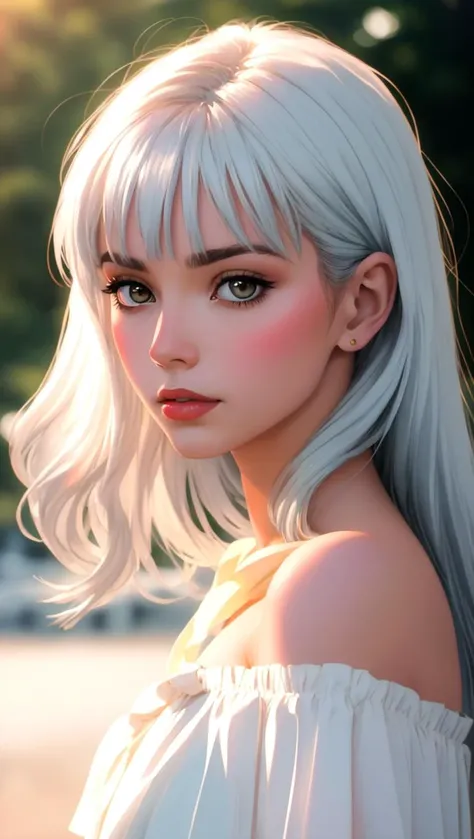 1 lady, solo, realistic face, sunset, beautiful, off shoulder dress, (silver white hair) long straight hair shy, looking away, blush, bangs, head tilt, high contrast, sharp, best shadow, photo, masterpiece, best quality, ultra high res, (photorealistic:1.4),, high resolution, detailed, raw photo kodak portra 400 camera f1.6 lens rich colors dramatic lighting <lora:v1.}5_add_detail:1>