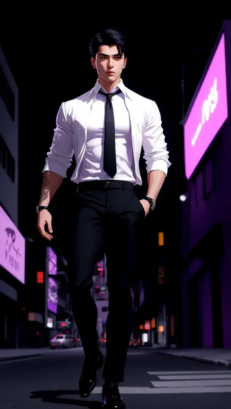 Man with black hair and purple eyes, powerful, white shirt, black trousers, black shoes, league of legends style, full body shot, plain city background, realistic