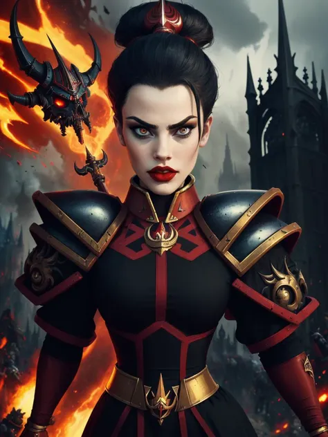 score_9, score_8_up, score_7_up, full body masterpiece, 1girl, Evil Azula <lora:Azula_3:0.8> as the ultimate sister of battle matador , surrealist insanely detailed, background(pandemonium, darkominumbre, warhammer 40k, gothic cathedral), hyper detailed, pouting mouth, red lips,