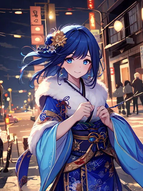 masterpiece,best quality,highres,cinematic lighting,dramatic angle,1girl,<lora:ShadowverseHomunculusSistersV1:0.8> ,japanese clothes,sash,knots,streetscape,night,lights,crowd,looking at viewer,smile,blue hair,blue eyes,hair flower,hair ornament,fur trim,wide sleeves