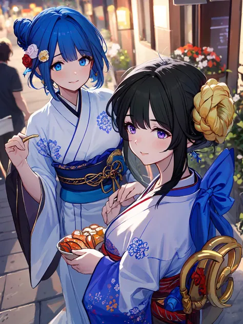 masterpiece,best quality,highres,cinematic lighting,dramatic angle,2girls,<lora:ShadowverseHomunculusSistersV1:0.8> ,lazuli;evamia,japanese clothes,sash,knots,obi,sandals,tabi,blue hair;black hair,short hair;longhair,hair bun and braided side ponytail;hair ornament,blue eyes;purple eyes,happy,streetscape,crowd,night,shops,snack,depth of field,half-closed eyes