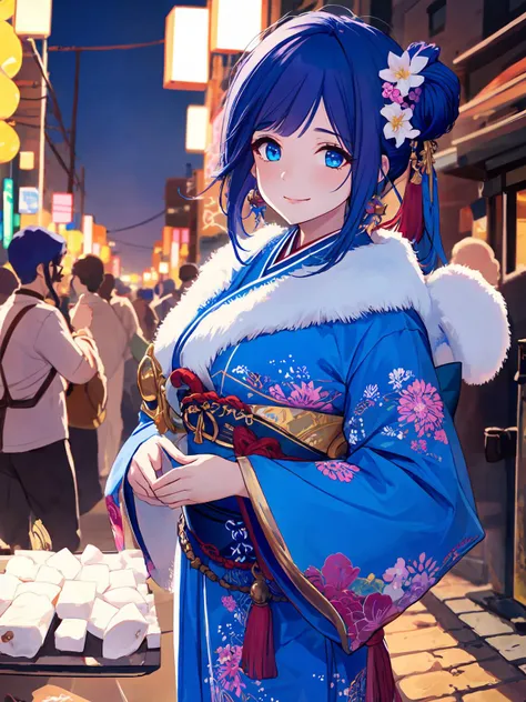 masterpiece,best quality,highres,cinematic lighting,dramatic angle,1girl,<lora:ShadowverseHomunculusSistersV1:0.8> ,japanese clothes,sash,knots,streetscape,night,lights,crowd,looking at viewer,smile,blue hair,blue eyes,hair flower,hair ornament,fur trim,wide sleeves,hair bun,short braided side ponytail,Holding marshmallows in hand