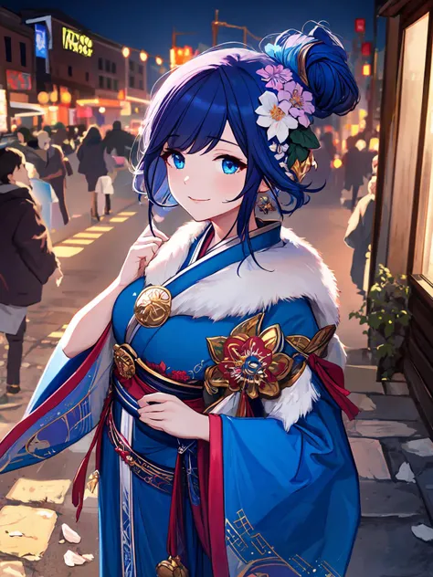 masterpiece,best quality,highres,cinematic lighting,dramatic angle,1girl,<lora:ShadowverseHomunculusSistersV1:0.8> ,japanese clothes,sash,knots,streetscape,night,lights,crowd,looking at viewer,smile,blue hair,blue eyes,hair flower,hair ornament,fur trim,wide sleeves,hair bun,short braided side ponytail