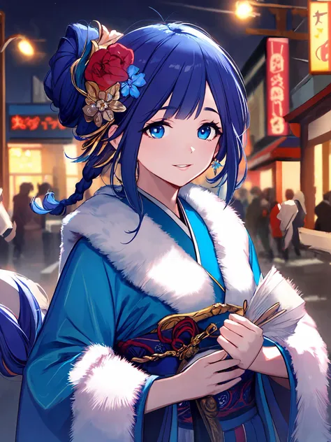 masterpiece,best quality,highres,cinematic lighting,dramatic angle,1girl,<lora:ShadowverseHomunculusSistersV1:0.8> ,japanese clothes,sash,knots,streetscape,night,lights,crowd,looking at viewer,smile,blue hair,blue eyes,hair flower,hair ornament,fur trim,wide sleeves,hair bun,short braided side ponytail,happy,parted lips