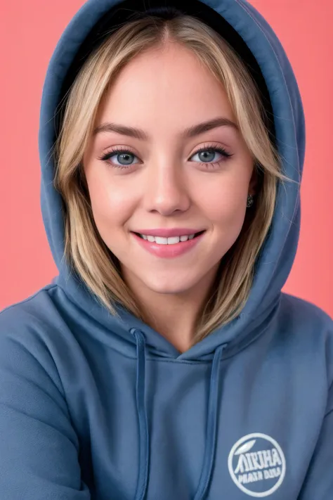 (sydsw33n3y_TI:0.9), (happy, smile), (open mouth:0.7), (hoodie and sweatpants), detailed eyes, close-up portrait, under volumetric lighting, Shot on a Leica T