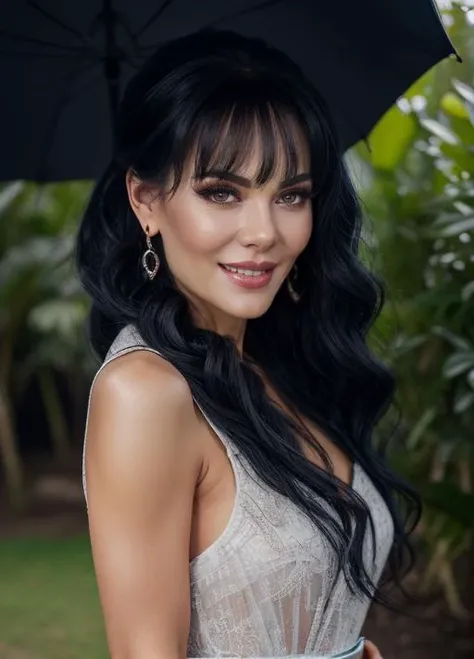 real, photoshoot, realistic, luminescent, atmospheric scene, masterpiece, best quality, (detail skin texture, ultra-detailed body:1.1), RAW photo, (high detailed skin:1.2), 8k uhd, dslr, film grain, Fujifilm XT3, cinematic light,
<lora:maribelguardia_mx_lora_02-000003:0.9>, 1girl, maribelguardia-mx, umbrella, solo, jewelry, black hair, earrings, smile, long hair, realistic, grin, dress, upper body, looking at viewer