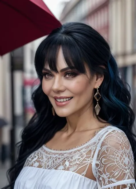 real, photoshoot, realistic, luminescent, atmospheric scene, masterpiece, best quality, (detail skin texture, ultra-detailed body:1.1), RAW photo, (high detailed skin:1.2), 8k uhd, dslr, film grain, Fujifilm XT3, cinematic light,
<lora:maribelguardia_mx_lora_02-000003:0.9>, 1girl, maribelguardia-mx, umbrella, solo, jewelry, black hair, earrings, smile, long hair, realistic, grin, dress, upper body, looking at viewer