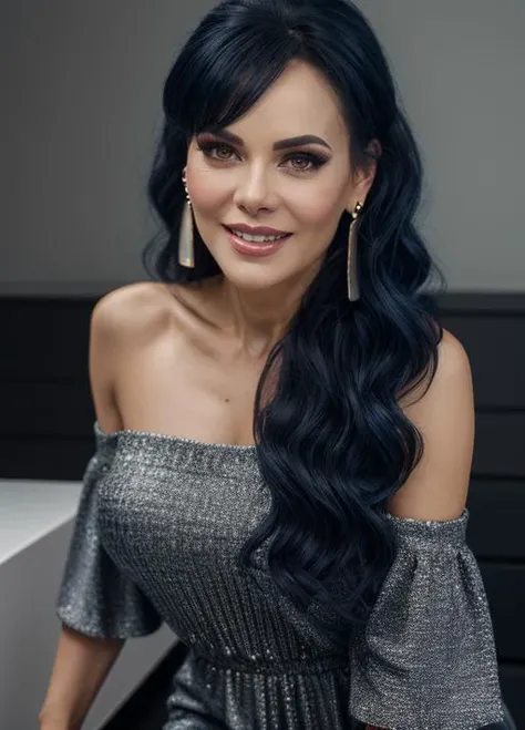 real, photoshoot, realistic, luminescent, atmospheric scene, masterpiece, best quality, (detail skin texture, ultra-detailed body:1.1), RAW photo, (high detailed skin:1.2), 8k uhd, dslr, film grain, Fujifilm XT3, cinematic light,
<lora:maribelguardia_mx_lora_02-000003:0.9>, 1girl, maribelguardia-mx, solo, jewelry, black hair, earrings, smile, long hair, realistic, grin, dress, upper body, looking at viewer, medium breast
