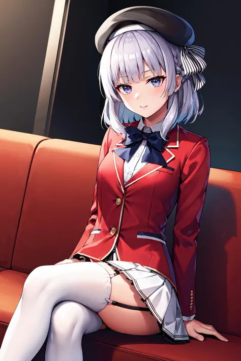 masterpiece, best quality, highres, aakikyo, short hair, hair intakes, white hairband, blue bowtie, collared shirt, blazer, red jacket, long sleeves, white skirt, pleated skirt, black socks, sitting, bench, crossed legs, outdoors, night, serious,