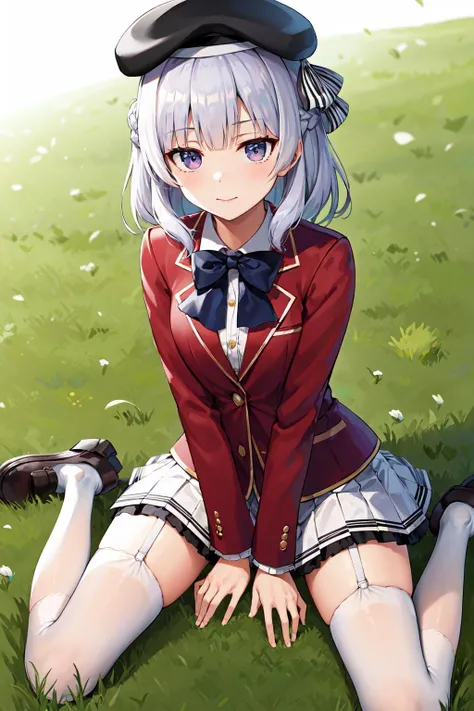 masterpiece, best quality, highres, aaarisu, medium hair, braid, blunt bangs, beret, black headwear, hat ribbon, blue bowtie, red jacket, blazer, long sleeves, white skirt, pleated skirt, garter straps, white thighhighs, <lora:sakayanagi_arisu_v1:0.7>, field, grass, wariza, socks, loafers,