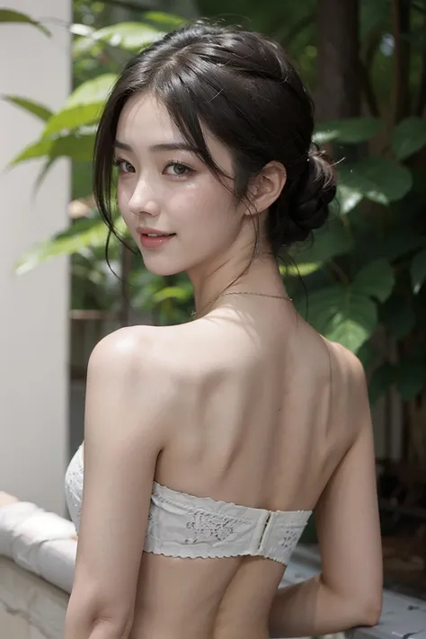 masterpiece,1girl,asian girl,standing,beautiful detailed eyes, symmetric eyes,white bandeau,upper body,sunshine,smile,necklace,from behind
<lora:bandeau_lace_v1:1>