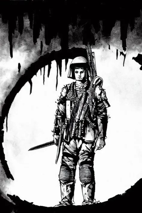 TheRPGCharGenEsAFArt ((epic warrior punk girl and man)) standing on a destroyed tank, rising out of the smoke destroyed in the far distance ((sci-fi skyline))